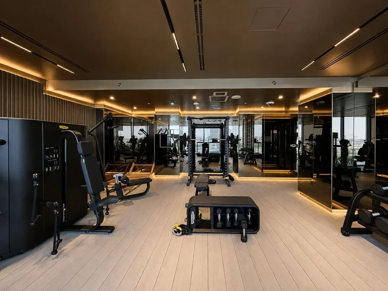 Un gimnasio con máquinas de ejercicio y pesas.