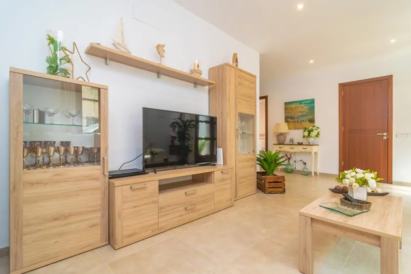 A bright living room with a television, wooden storage cabinets, and a coffee table.