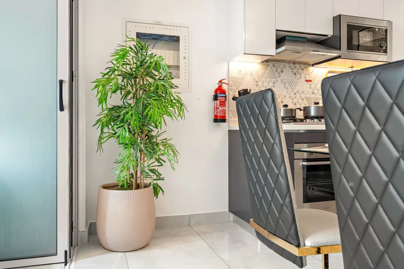 Una cocina moderna con asientos oscuros, una placa de cocina y una planta en maceta.