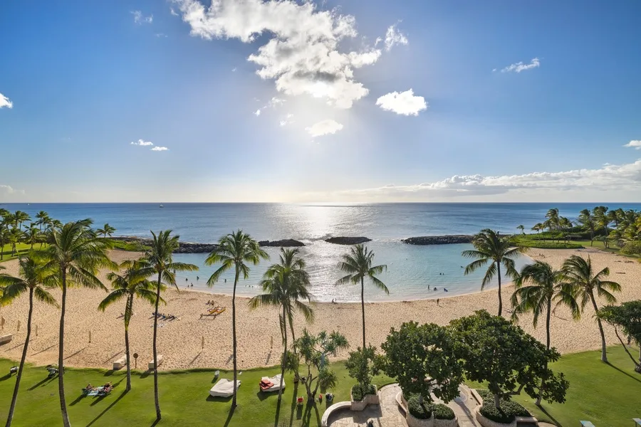 A tropical beach stretches along calm water, with palm trees lining the shore.