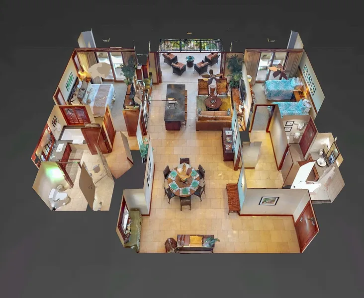 A furnished home interior is shown from above, with a central dining area and surrounding rooms.