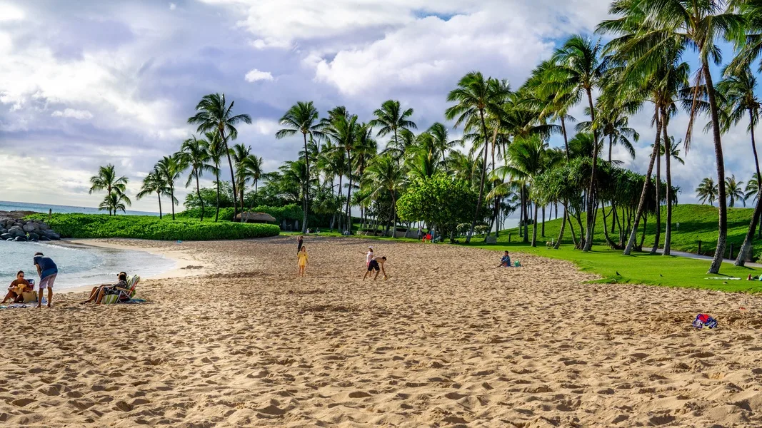 Una playa de arena bordeada de palmeras, con personas jugando cerca del agua.