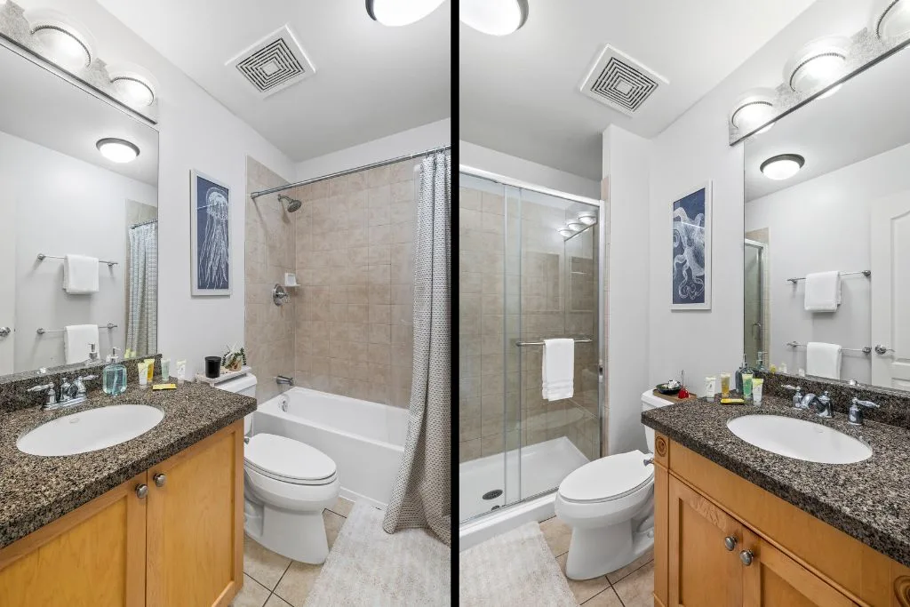 Un baño con lavabo, inodoro y bañera con ducha.