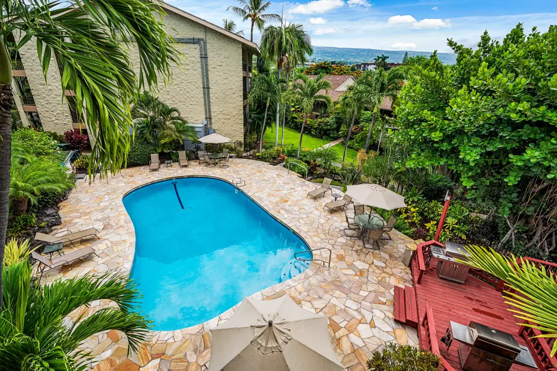 A swimming pool sits in a stone-paved garden surrounded by tropical greenery.
