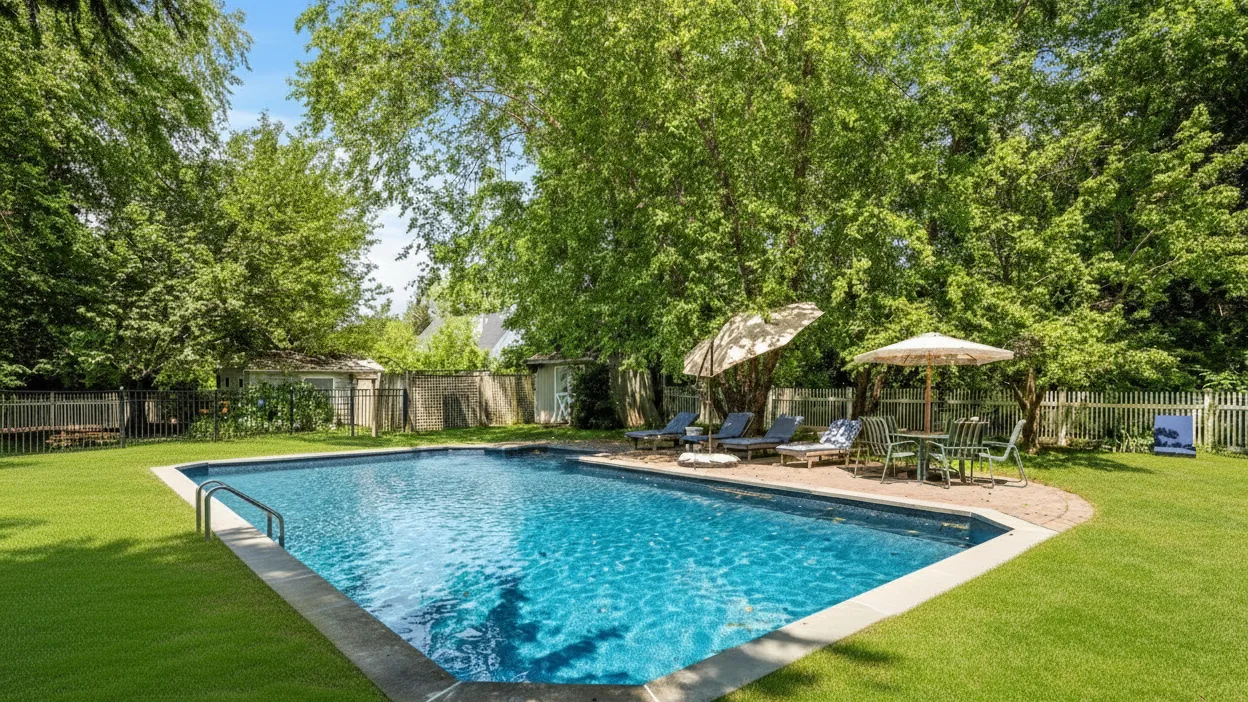 An outdoor swimming pool is surrounded by lawn, trees, and seating.