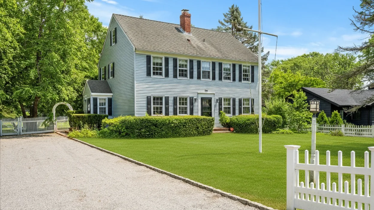 A two-story house stands beside a broad lawn and white picket fencing.
