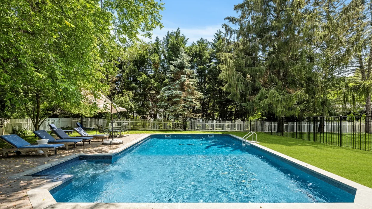 An outdoor swimming pool sits beside a lawn and leafy trees.
