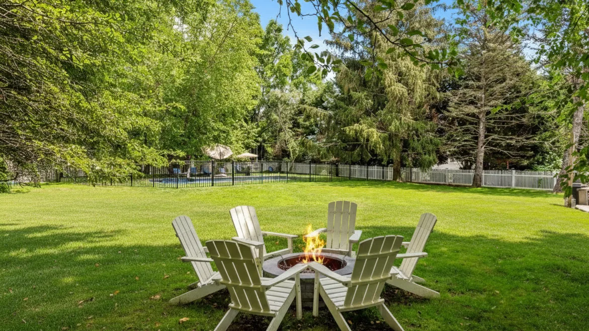 A grassy yard with a circular fire pit surrounded by outdoor seating.