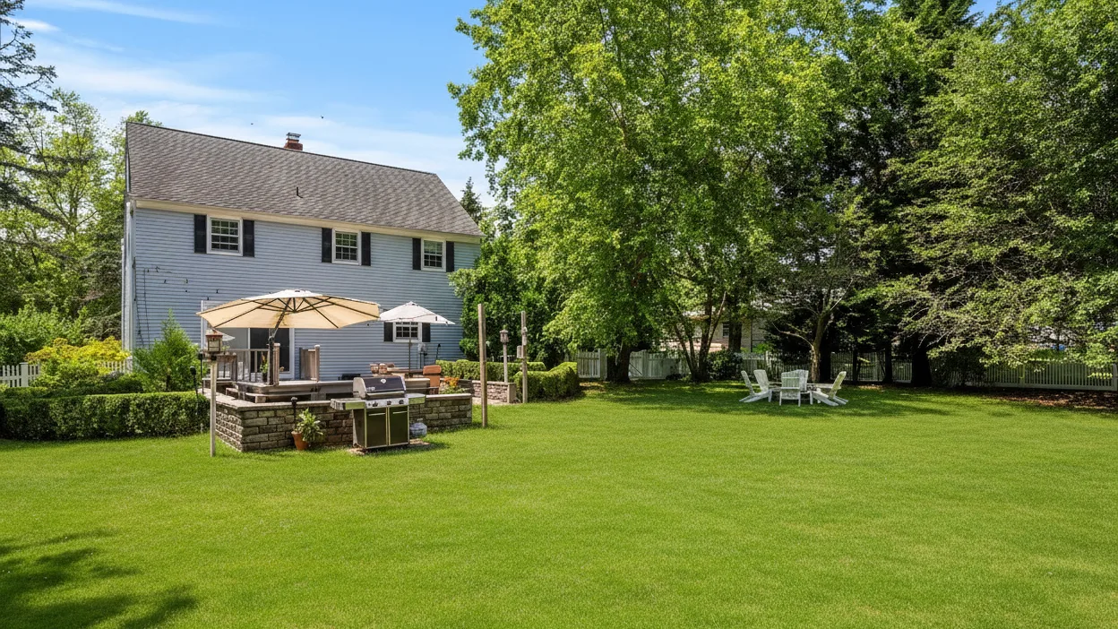 A two-story house with a patio and a broad green lawn.