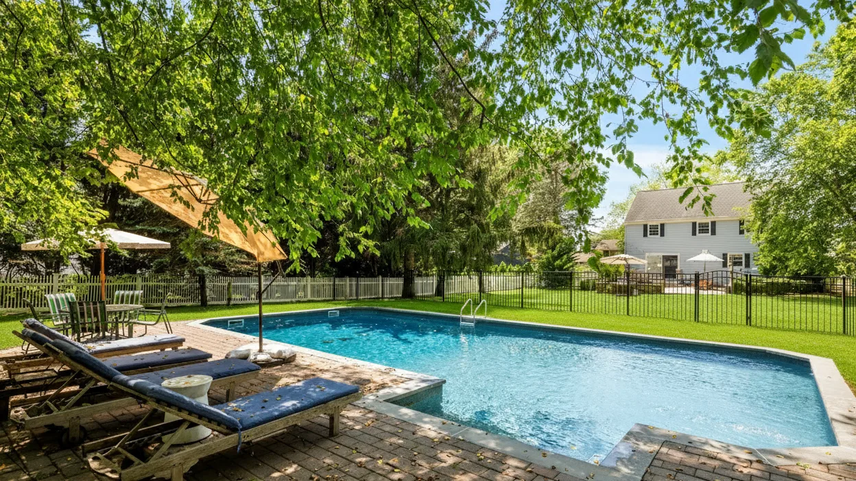 An outdoor swimming pool sits beside a shaded patio with loungers.