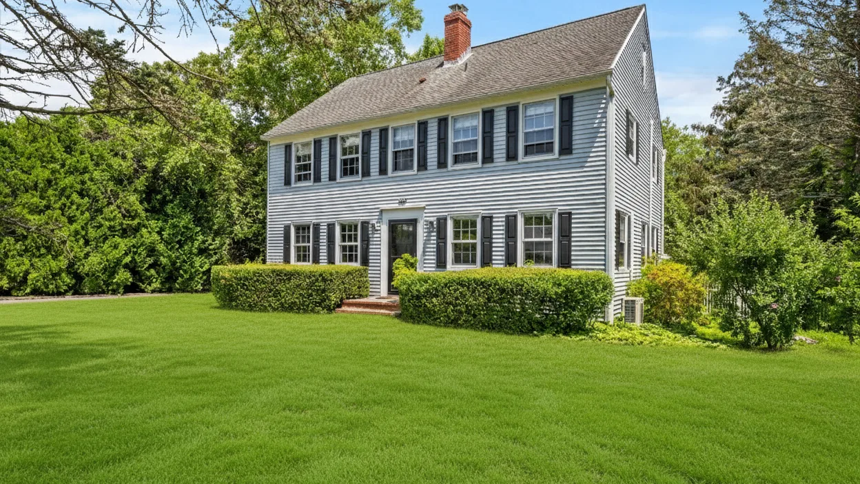 A two-story house stands behind a broad, neatly trimmed lawn.