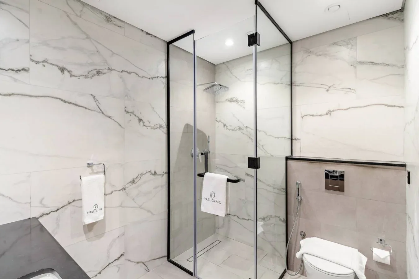 Un baño con una ducha de vidrio y un inodoro.