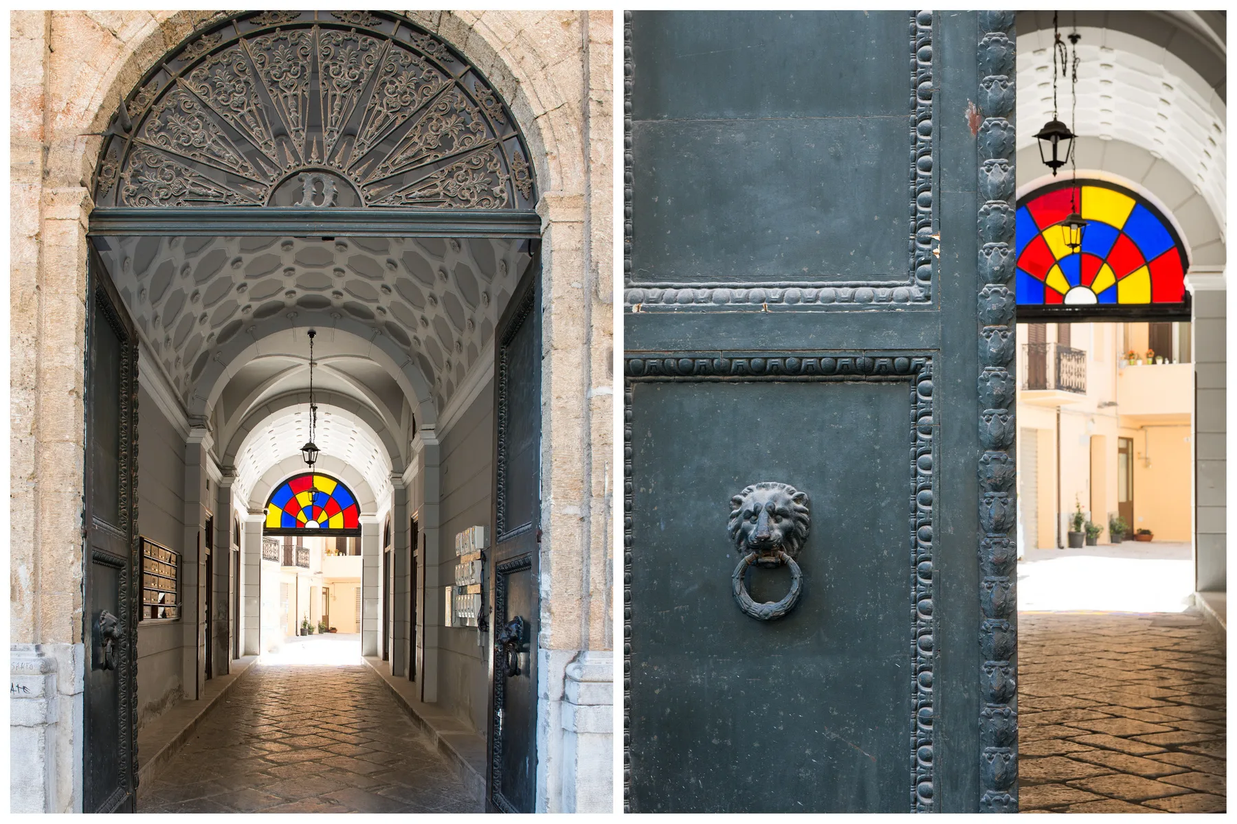 Un pasaje de piedra con arcos conduce a un interior luminoso con una ventana colorida.