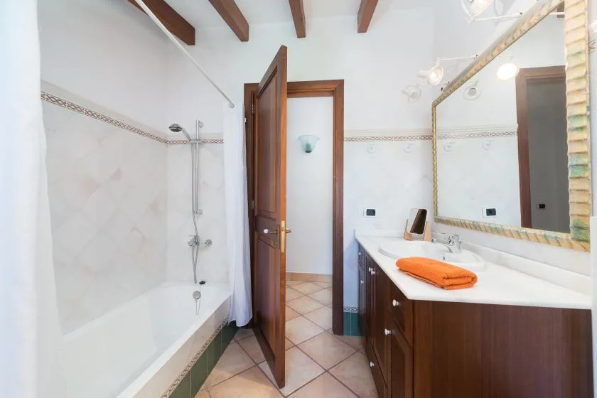 A bathroom with a shower, a bathtub, and a long vanity.