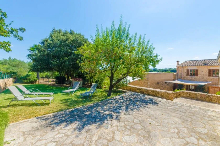 A sunny garden with lounge chairs, leafy trees, and a stone-paved patio.
