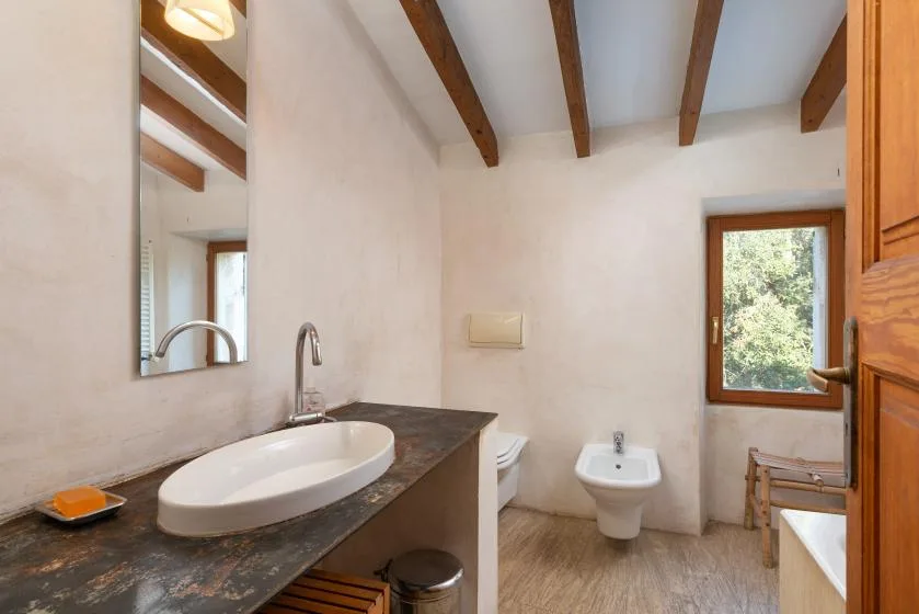 A bathroom with a sink, toilet, and window.