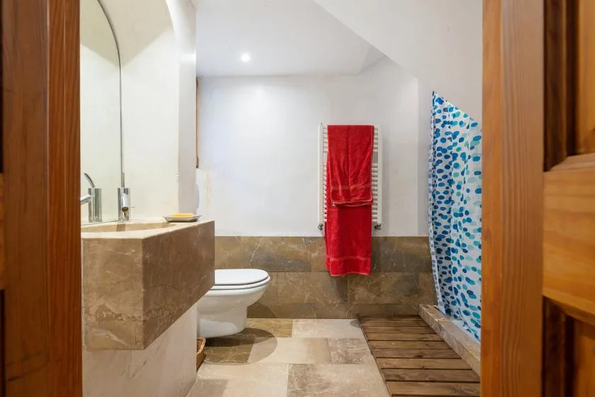 A bathroom with a sink, toilet, and shower behind a patterned curtain.