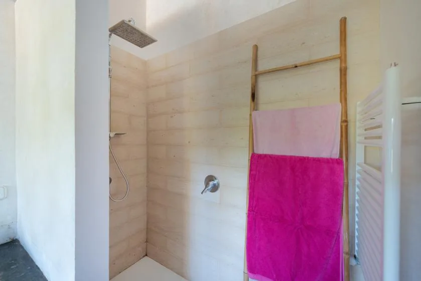 A tiled shower area with a handheld showerhead and towels hanging nearby.