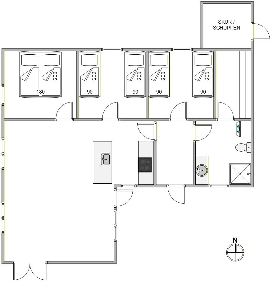 Plano que muestra varias áreas para dormir, una cocina y un baño.