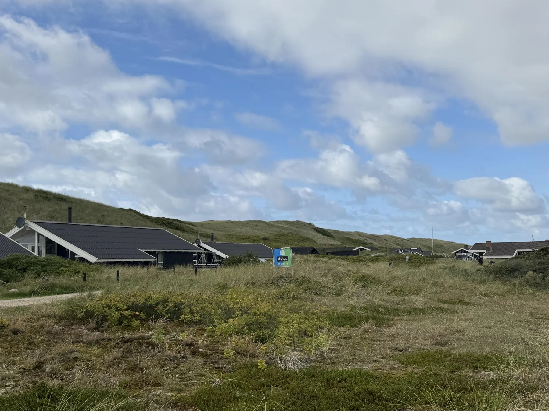 Paisaje costero con casas bajas detrás de dunas cubiertas de hierba bajo un cielo nublado.