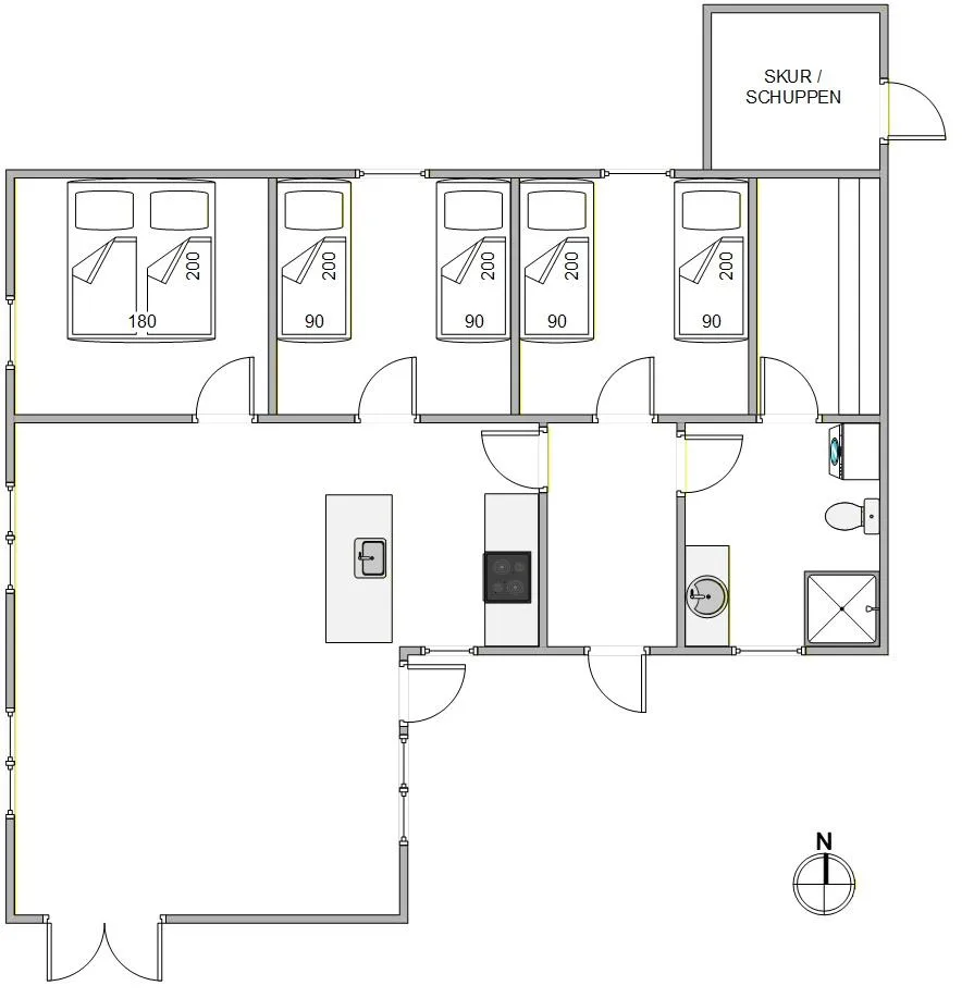 Un plano muestra varios dormitorios, una cocina y un baño.