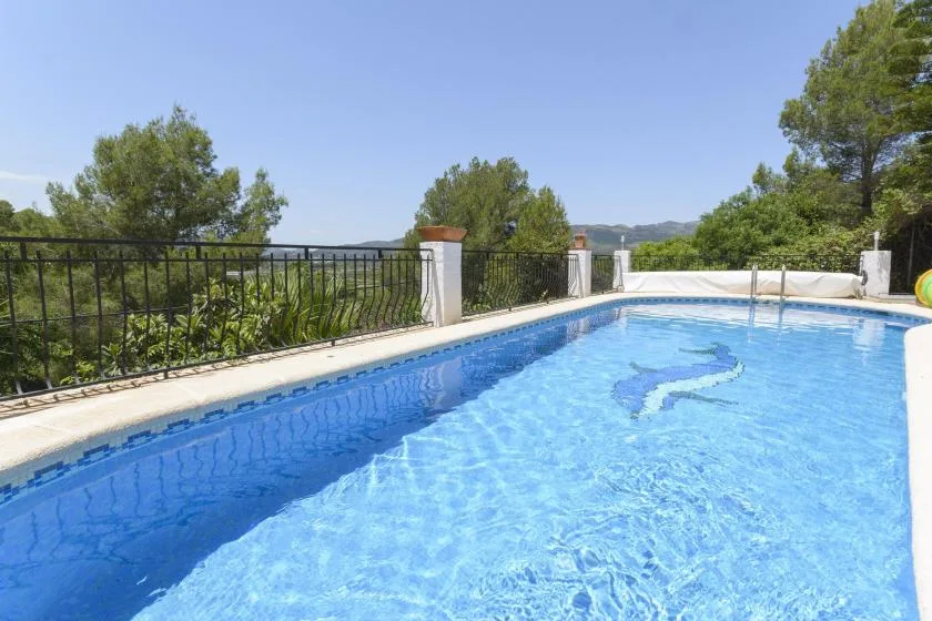An outdoor swimming pool sits beside a black metal railing and leafy trees.