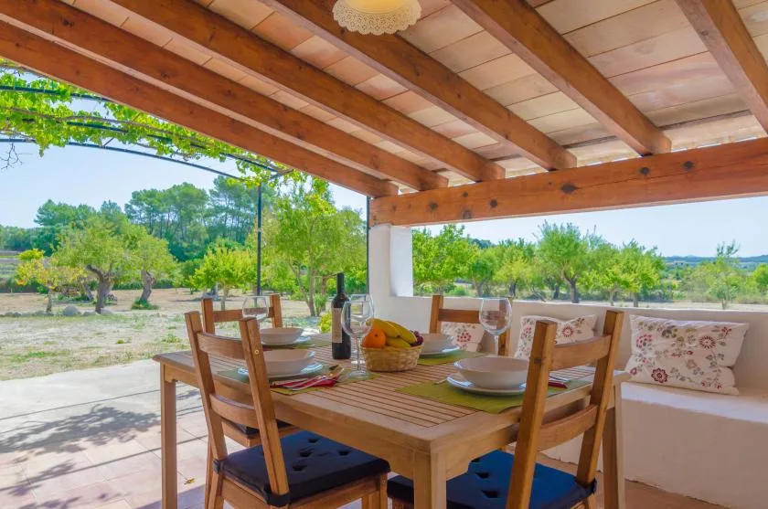 A covered outdoor dining area with a wooden table and chairs overlooks a green yard.