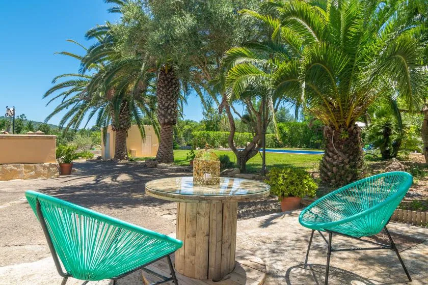 A sunny garden patio has turquoise seating around a round table beneath palm trees.