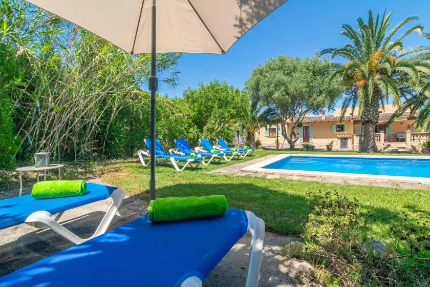 A poolside seating area with blue loungers, a parasol, and a swimming pool.