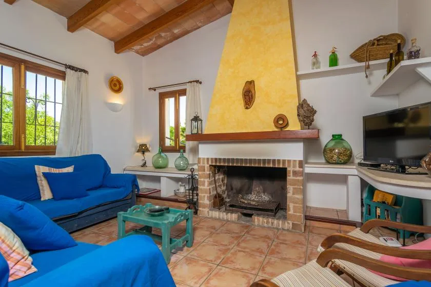 A living room with blue seating, a fireplace, and a television.