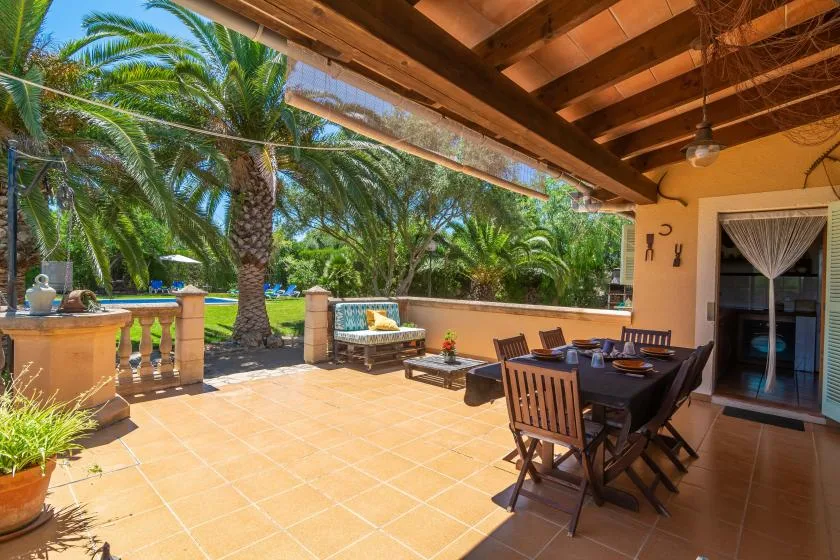 A covered patio with a dining table overlooks a garden with palm trees.