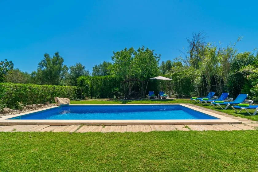 A swimming pool sits beside a grassy lawn, with lounge seating along the far side.