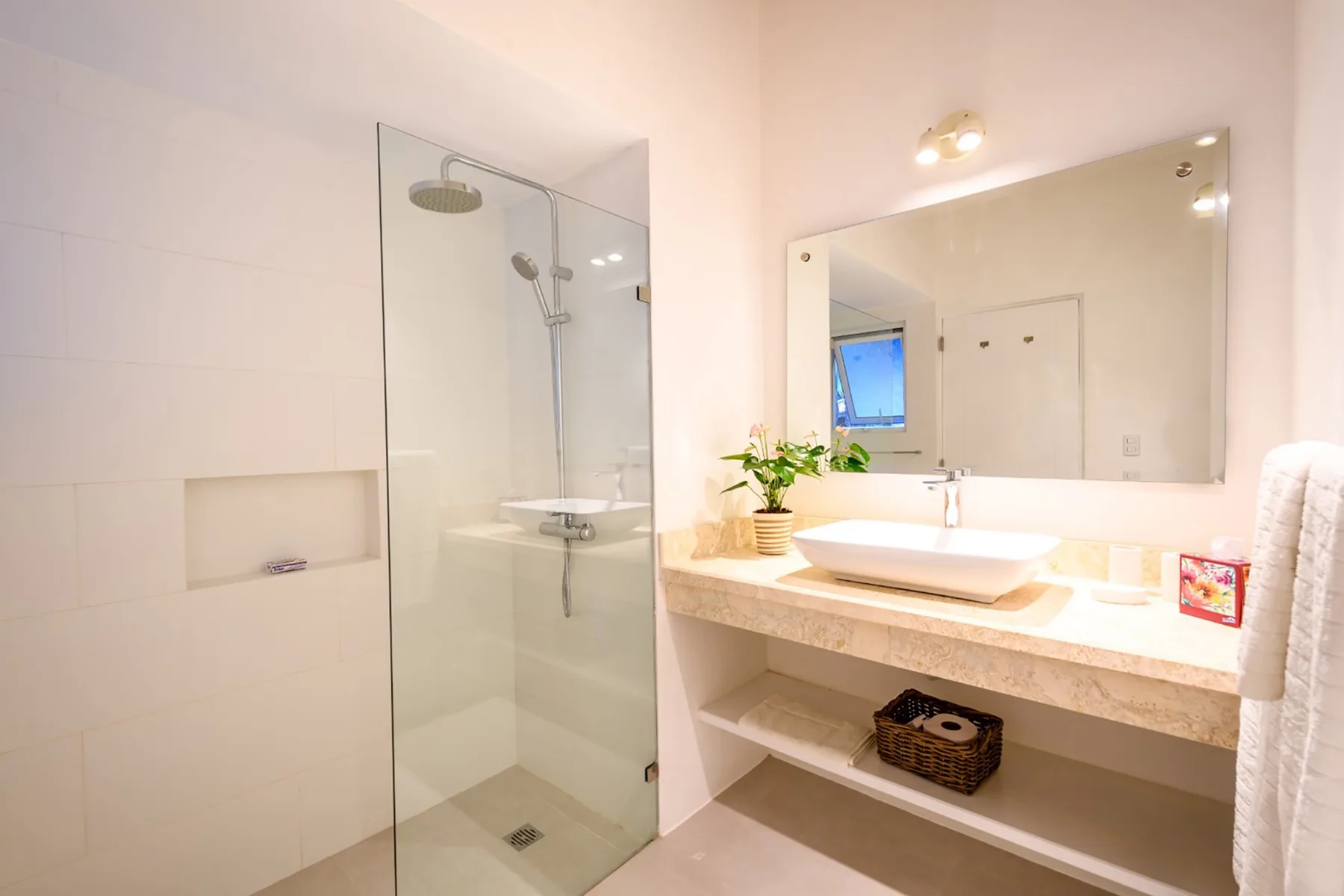 Un baño luminoso con ducha de vidrio y un amplio lavabo bajo un espejo.