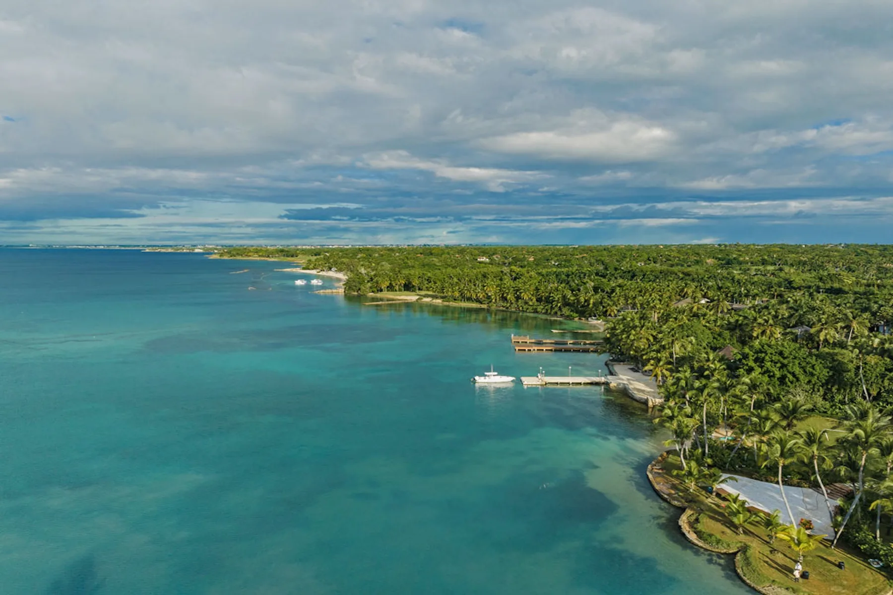 Aerial view of a palm-lined tropical coastline beside clear turquoise water.