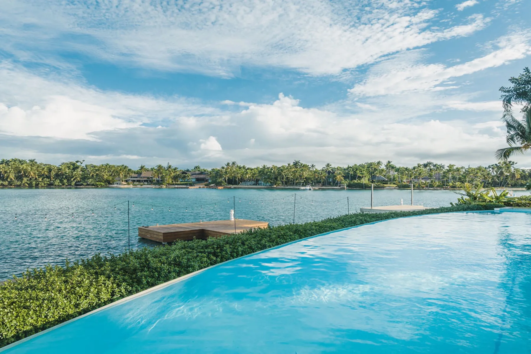 An outdoor swimming pool overlooks a body of water and a palm-lined shore.