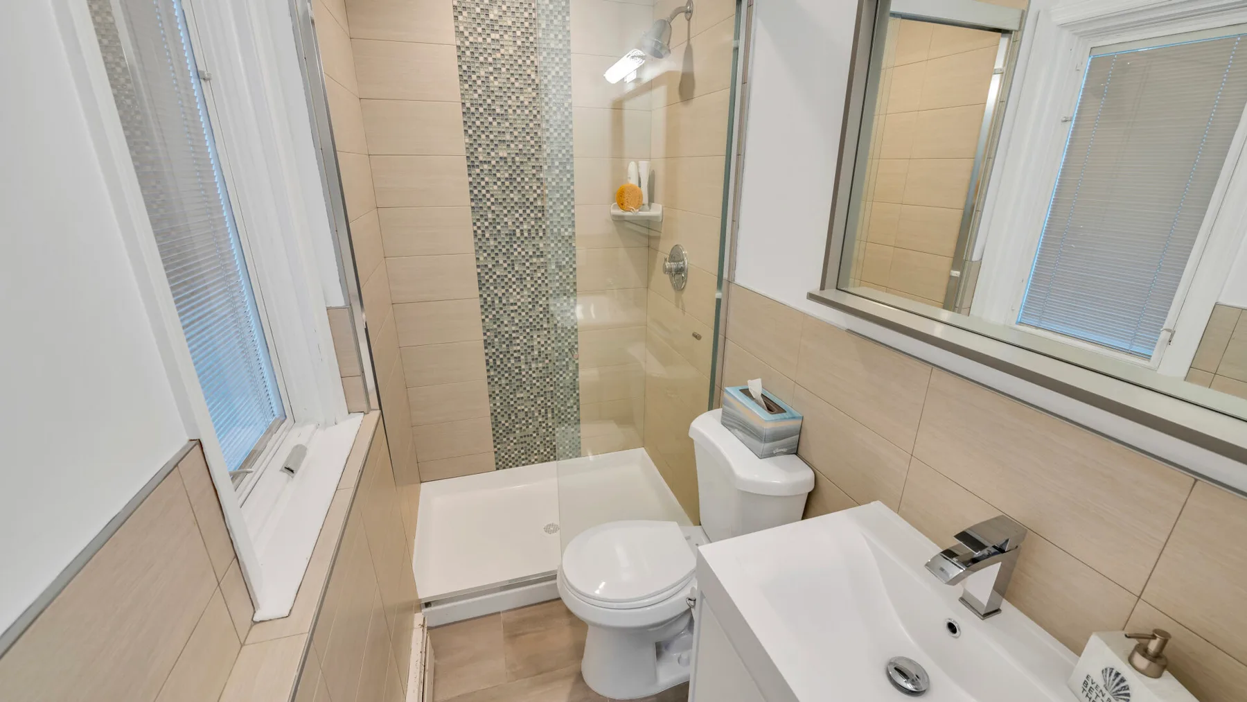 Un baño con ducha de vidrio, inodoro y lavabo.