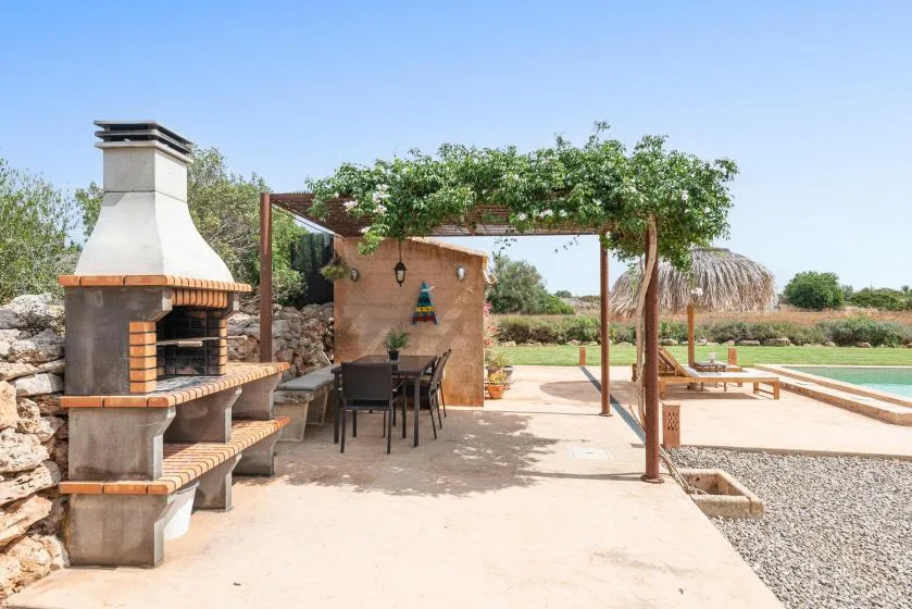 An outdoor dining and barbecue area sits beneath a vine-covered pergola.