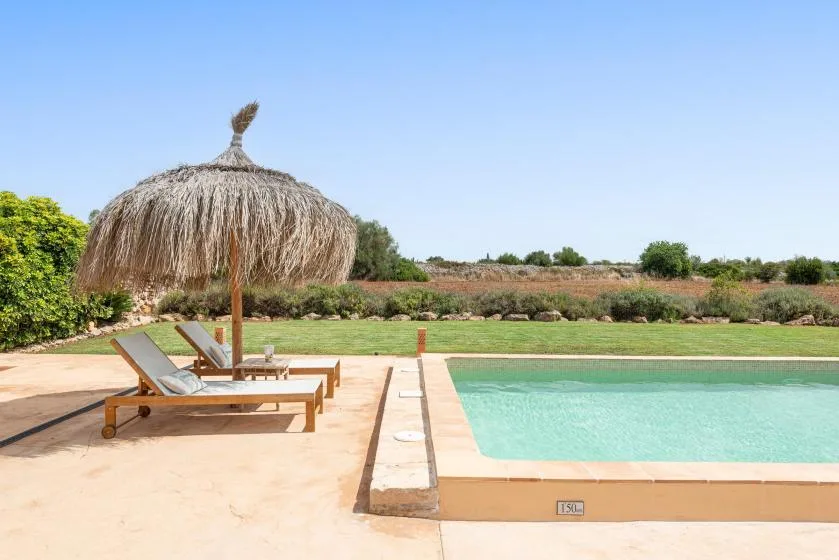 An outdoor swimming pool beside a paved patio with lounge seating and a thatched parasol.