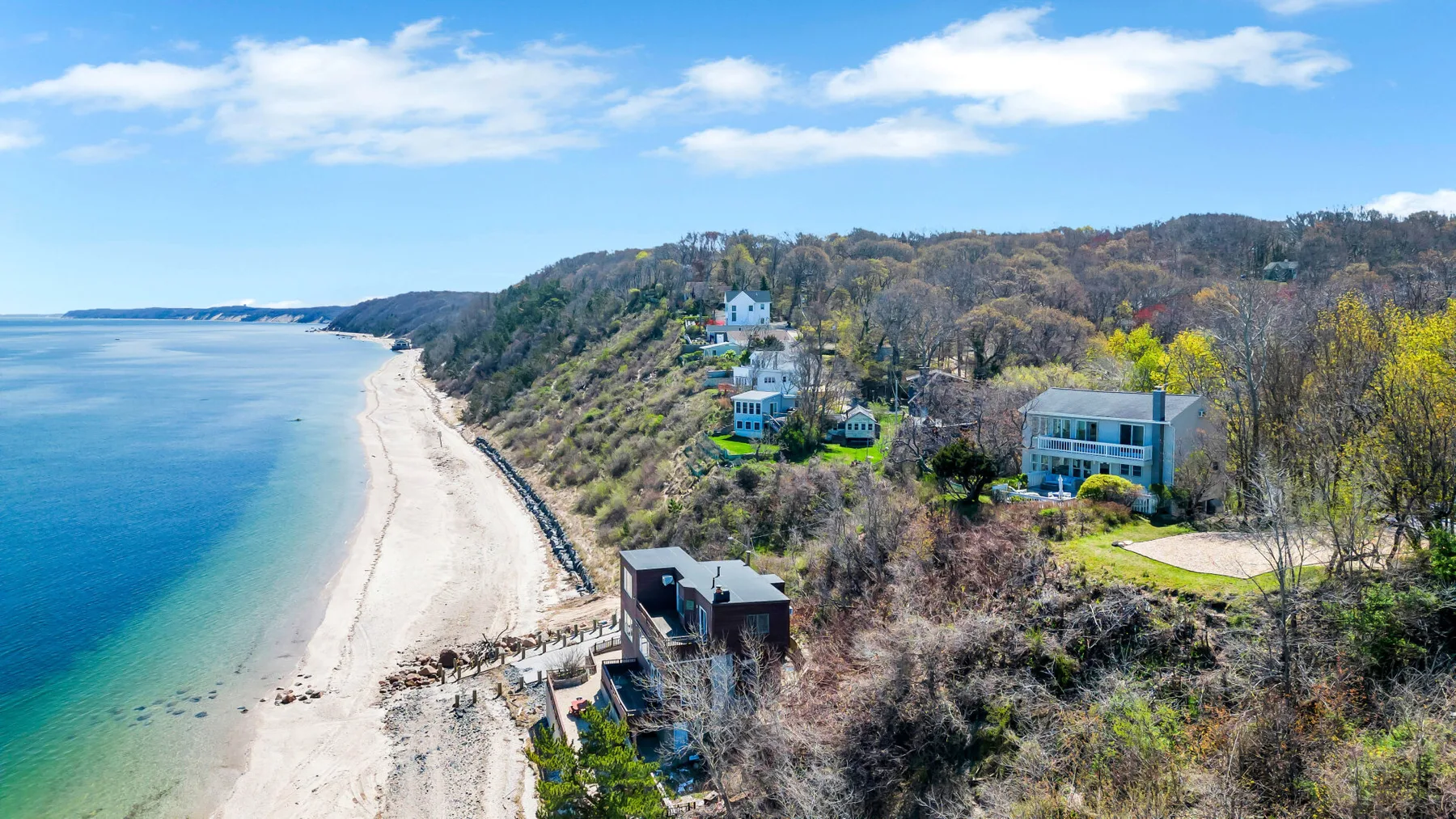 Vista aérea de una costa boscosa con playa de arena y casas.