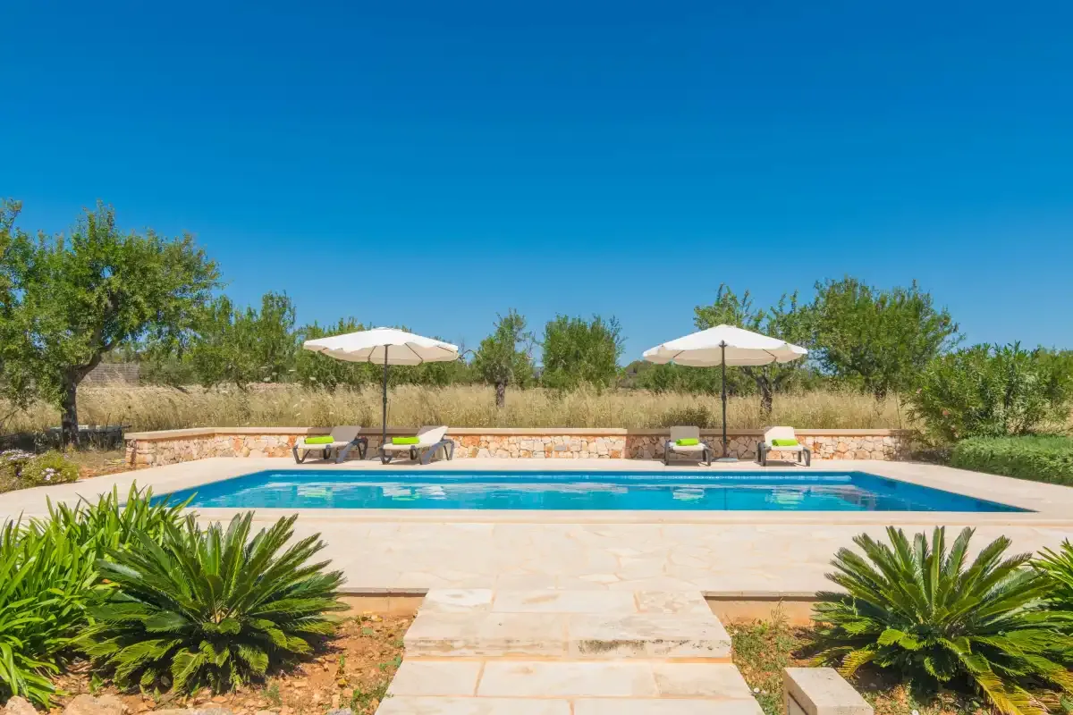 Una piscina al aire libre con sombrillas y vegetación alrededor.