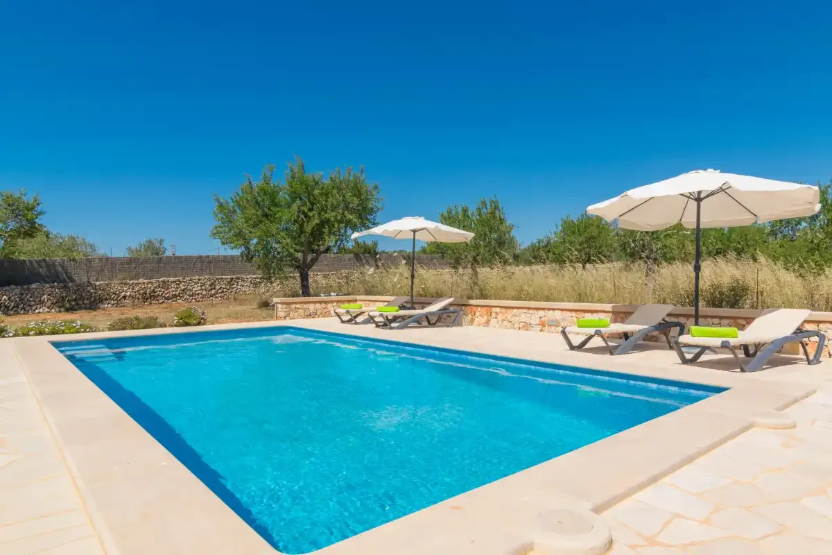 Una piscina al aire libre está rodeada de pavimento claro y tumbonas.