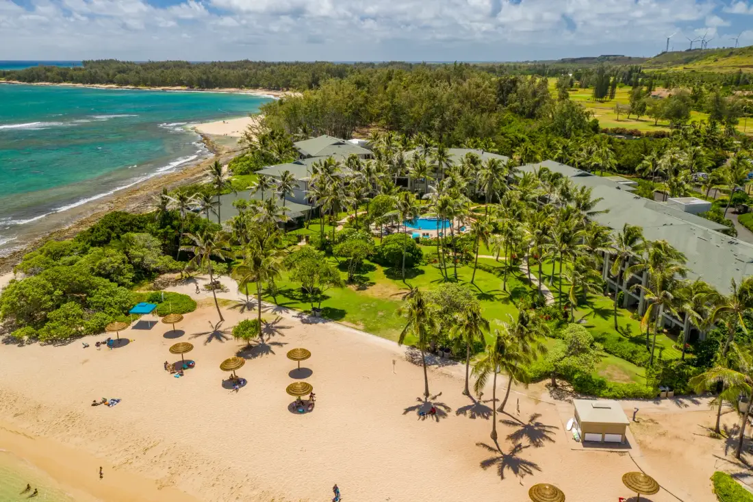 Aerial view of a tropical beachfront resort with palm trees, a pool, and sandy shore.
