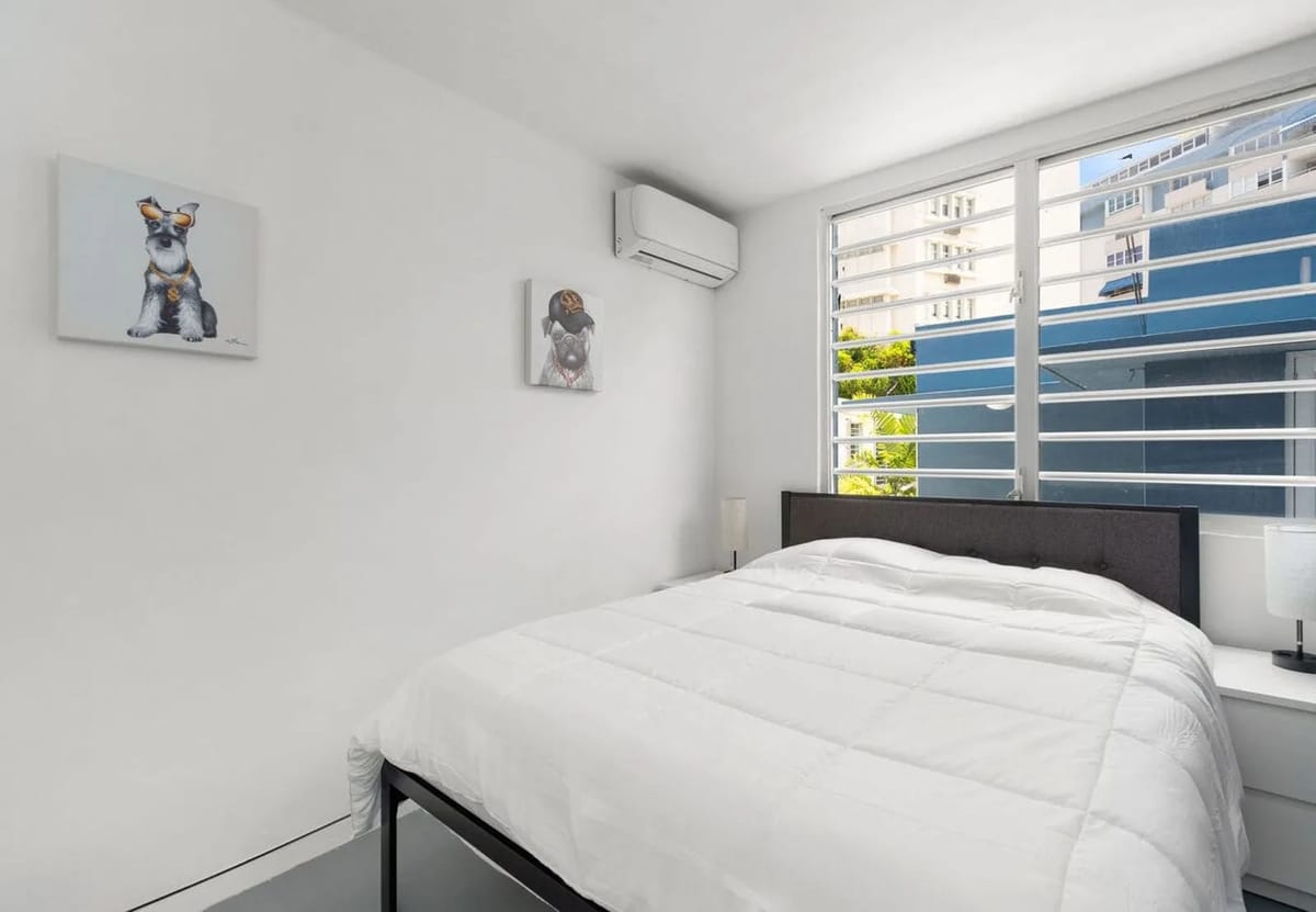 Dormitorio 2 con cama queen, aire acondicionado tipo split y arte de perros