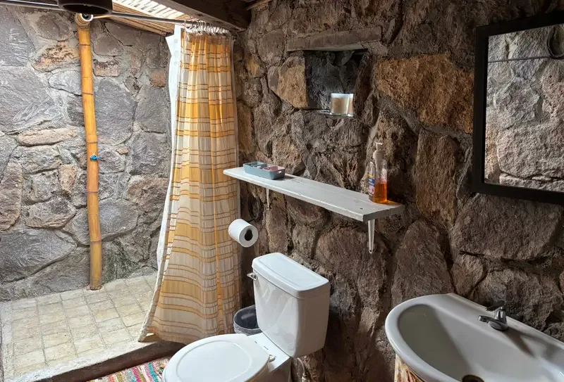 A stone-walled bathroom with a toilet, sink, and shower area.