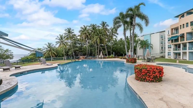 Área de piscina rodeada de jardines.
