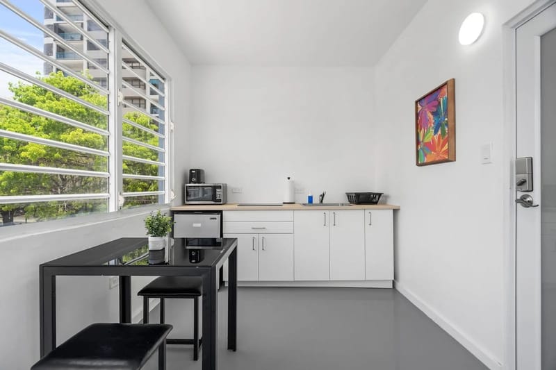 The light-filled kitchenette is equipped for breakfasts and light meals.