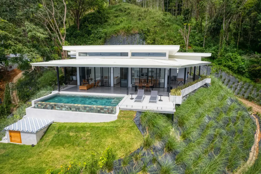 Aerial view of the villa and pool